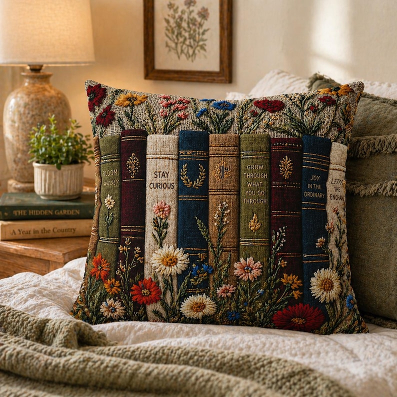 Funda de almohada floral con diseño de libro vintage, cojín decorativo estilo cottagecore, cojín de decoración literaria, regalo botánico para amantes de los libros, almohada rústica de granja. imagen 4