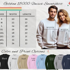 K&ouml;nnte beinhalten: Unisex-Sweatshirt-Gr&ouml;&szlig;entabelle mit Ma&szlig;en in Zoll f&uuml;r Breite und L&auml;nge. Die Tabelle zeigt Gr&ouml;&szlig;en von S bis 5XL. Der Sweatshirt ist in 10 Farben erh&auml;ltlich: Schwarz, Wei&szlig;, Sand, Hellrosa, Hellblau, Waldgr&uuml;n, Sportgrau und Marine.