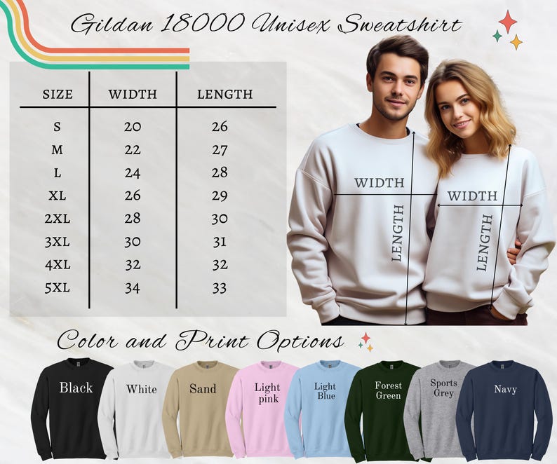 K&ouml;nnte beinhalten: Unisex-Sweatshirt-Gr&ouml;&szlig;entabelle mit Ma&szlig;en in Zoll f&uuml;r Breite und L&auml;nge. Die Tabelle zeigt Gr&ouml;&szlig;en von S bis 5XL. Der Sweatshirt ist in 10 Farben erh&auml;ltlich: Schwarz, Wei&szlig;, Sand, Hellrosa, Hellblau, Waldgr&uuml;n, Sportgrau und Marine.