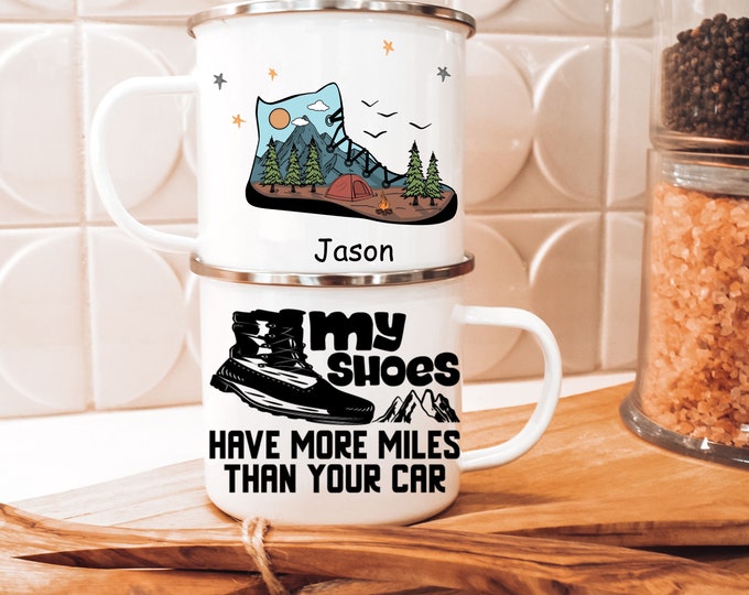 Custom Enamel Mug,Unique Enamel Mug, Backpacking Adventure Mug, Personalized Campfire Mug, Mountain Climber Mug, Gift For Hiker, Hiking Mug