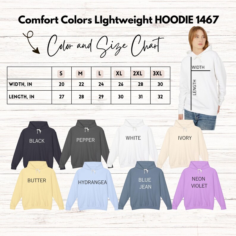 K&ouml;nnte beinhalten: Gr&ouml;&szlig;entabelle f&uuml;r ein leichtes Hoodie in verschiedenen Farben, darunter Schwarz, Pfeffer, Wei&szlig;, Elfenbein, Butter, Hortensie, Jeansblau und Neonviolett. Die Tabelle zeigt die Breite und L&auml;nge in Zoll f&uuml;r die Gr&ouml;&szlig;en S bis 3XL.