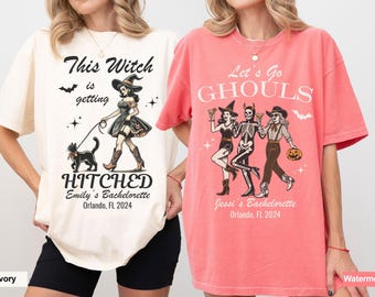 May include: Two t-shirts with a Halloween theme. The first t-shirt is ivory with a witch and black cat graphic and the text "This Witch is getting Hitched Emily's Bachelorette Orlando, FL 2024". The second t-shirt is watermelon with a skeleton, a witch, and a cowboy graphic and the text "Let's Go Ghouls Jessi's Bachelorette Orlando, FL 2024".