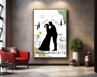 Impresión artística de senderismo, arte de boda en la montaña para pareja, arte bohemio de montaña, regalo para excursionistas, regalo para pareja al aire libre, impresión artística digital de pareja de senderismo