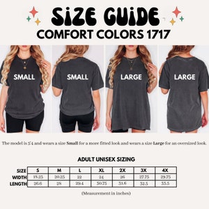K&ouml;nnte beinhalten: Gr&ouml;&szlig;entabelle f&uuml;r Unisex-T-Shirts in den Gr&ouml;&szlig;en S-4X. Die Tabelle zeigt die Breite und L&auml;nge in Zoll f&uuml;r jede Gr&ouml;&szlig;e. Der Text "Comfort Colors 1717" ist ebenfalls sichtbar.