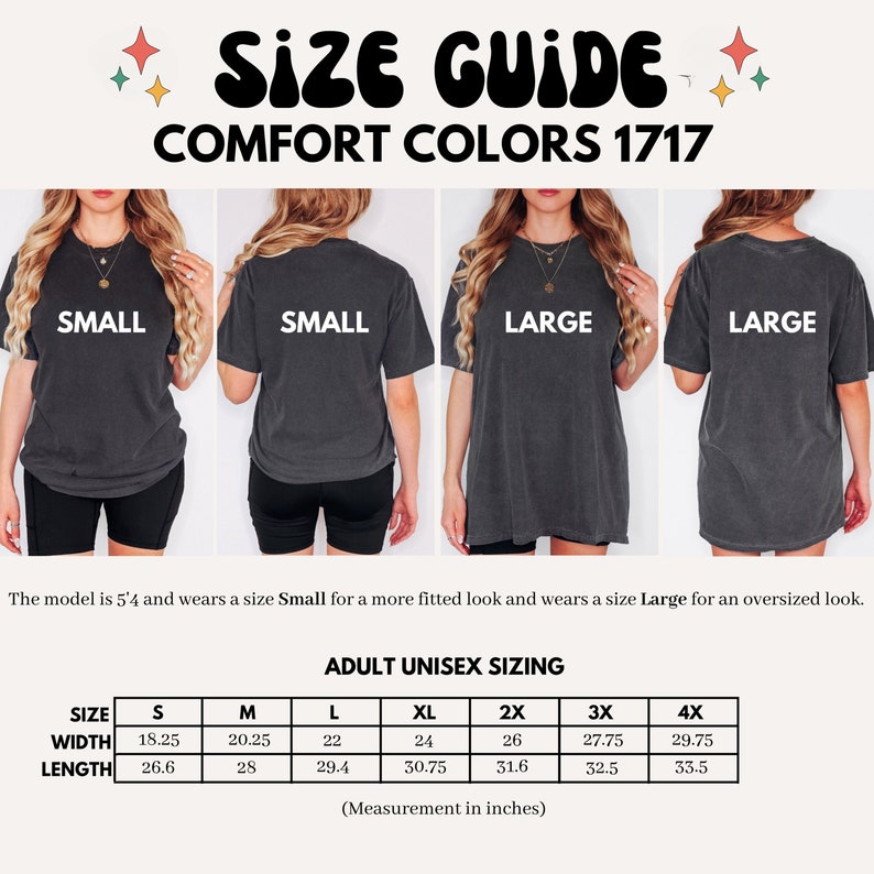 K&ouml;nnte beinhalten: Gr&ouml;&szlig;entabelle f&uuml;r Unisex-T-Shirts in den Gr&ouml;&szlig;en S-4X. Die Tabelle zeigt die Breite und L&auml;nge in Zoll f&uuml;r jede Gr&ouml;&szlig;e. Der Text "Comfort Colors 1717" ist ebenfalls sichtbar.