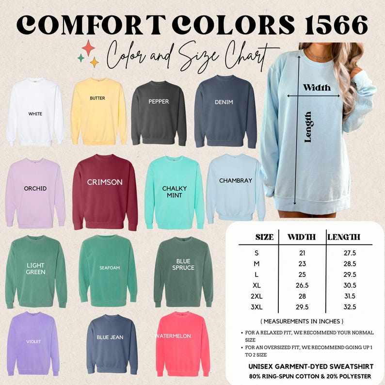K&ouml;nnte beinhalten: Farbkarte f&uuml;r Unisex-Garment-Dye-Sweatshirts in verschiedenen Farben, darunter Wei&szlig;, Butter, Pfeffer, Denim, Orchidee, Scharlachrot, Kreideminze, Chambray, Hellgr&uuml;n, Seefoam, Blauer Fichten, Violett, Jeansblau und Wassermelone. Die Karte enth&auml;lt auch eine Gr&ouml;&szlig;entabelle mit Ma&szlig;en in Zoll f&uuml;r die Gr&ouml;&szlig;en S, M, L, XL, 2XL und 3XL. Der Text "COMFORT COLORS 1566" befindet sich oben auf der Karte.