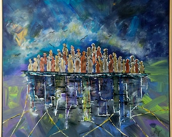 Original Acrylic Abstract City Painting: Framed Modern Wall Art