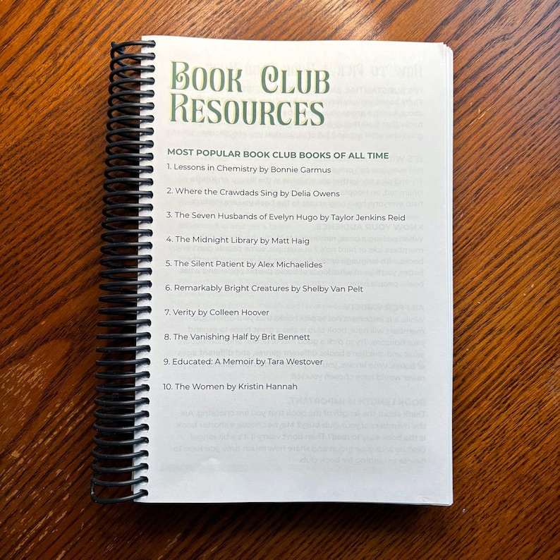 May include: A page from a book club resource guide listing the most popular book club books of all time. The list includes titles such as "Lessons in Chemistry", "Where the Crawdads Sing", and "The Seven Husbands of Evelyn Hugo".