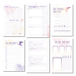 May include: A printable reading log with a dragon design. The log includes sections for new releases, monthly to-be-read list, reading recap, alphabet challenge, new reads of the year, and best read of 2025.