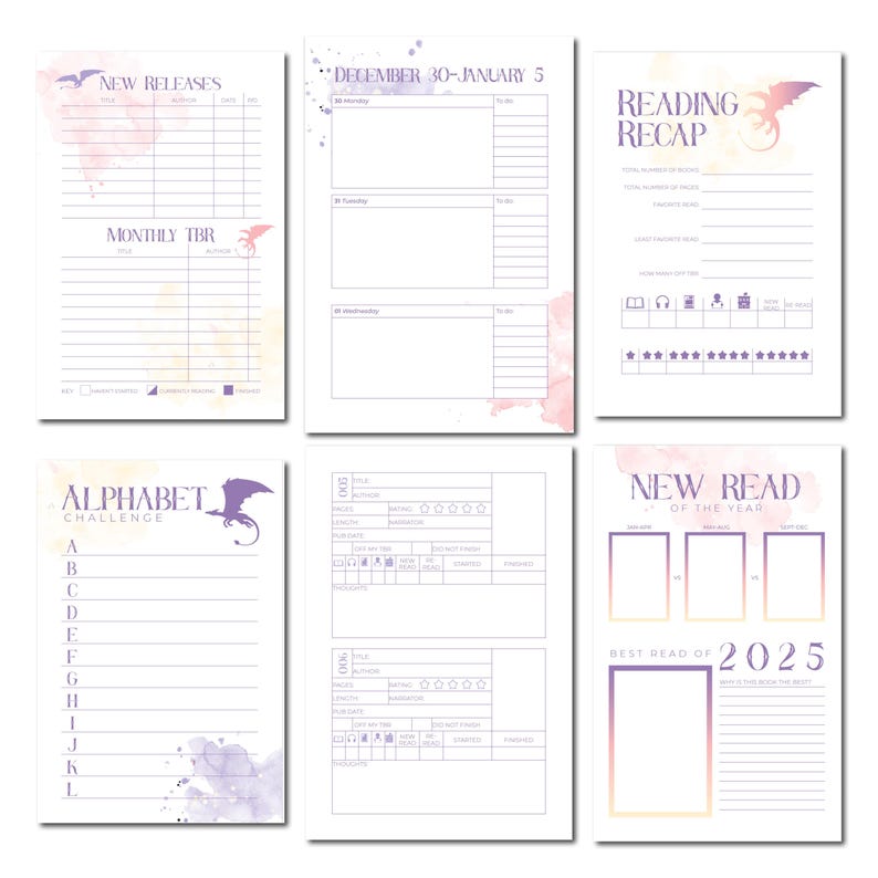 May include: A printable reading log with a dragon design. The log includes sections for new releases, monthly to-be-read list, reading recap, alphabet challenge, new reads of the year, and best read of 2025.