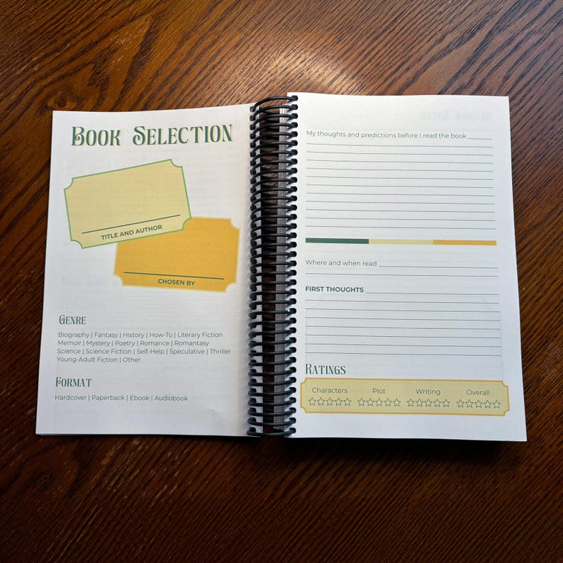 May include: A book selection journal with a green and yellow colour scheme. The journal has sections for book title and author, genre, format, chosen by, my thoughts and predictions before I read the book, where and when read, first thoughts, and ratings. The ratings section has five stars for characters, plot, writing, and overall.