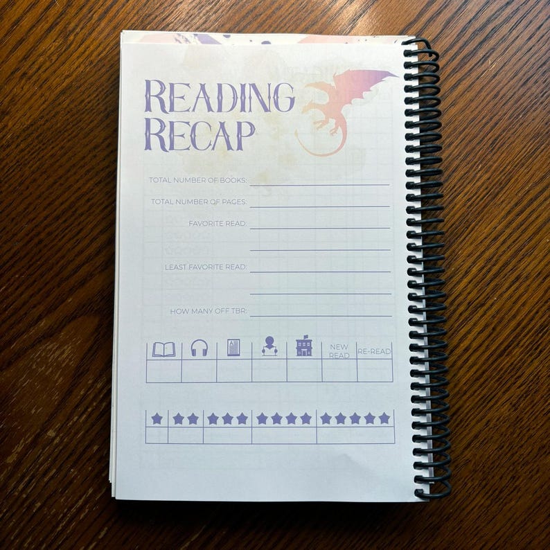 May include: A reading log with a purple dragon design. The log has sections for tracking the total number of books read, total number of pages read, favorite read, least favorite read, and how many books are on the to-be-read list. There are also icons for different types of reading, such as audiobooks, physical books, and ebooks. The log also has a section for rating books with stars.