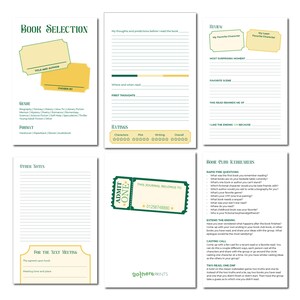 May include: A printable book club journal with green and yellow accents. The journal includes sections for book selection, review, and icebreaker activities. The text "This journal belongs to" is printed on the journal with a space for a name.