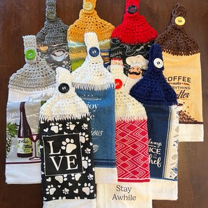 Hanging Crochet Hand Towels; Kitchen; Gift; Wine; Chef; Coffee; Grandma; Vintage; Birthday; Handmade; Dog lover; Paw Prints