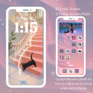 May include: Two smartphones showcasing custom home screen designs. One displays a black cat on a staircase wallpaper with the time 1:15. The other features a witch on a broomstick and custom app icons. Text reads: "10 Lock Screen, 3 Home Screen Pairs, Comprehensive guide on how to add icons to home page and widgets."
