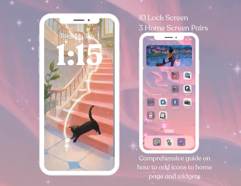 May include: Two smartphones showcasing custom home screen designs. One displays a black cat on a staircase wallpaper with the time 1:15. The other features a witch on a broomstick and custom app icons. Text reads: "10 Lock Screen, 3 Home Screen Pairs, Comprehensive guide on how to add icons to home page and widgets."