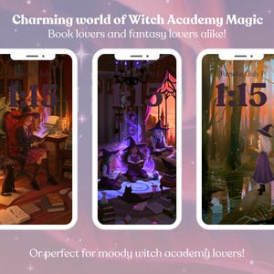 May include: Three smartphone screens showcasing fantasy illustrations. The screens depict witches, books, and magical scenes. The text at the top reads "Charming world of Witch Academy Magic" and "Book lovers and fantasy lovers alike!" Each screen displays the time "1:15".
