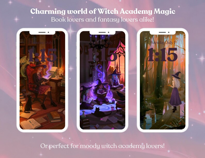 May include: Three smartphone screens showcasing fantasy illustrations. The screens depict witches, books, and magical scenes. The text at the top reads "Charming world of Witch Academy Magic" and "Book lovers and fantasy lovers alike!" Each screen displays the time "1:15".