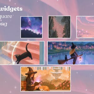 May include: Digital art showing 10 widgets, with square and long designs. The widgets depict scenes: a starry night, a forest, a pink sky, a black cat, a witch on a broom, and a witch reading with a cat. Text reads "10 widgets, 3 Square, 3 Long."