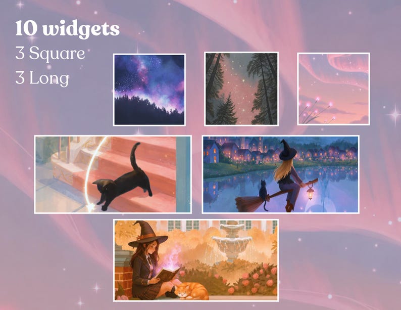 May include: Digital art showing 10 widgets, with square and long designs. The widgets depict scenes: a starry night, a forest, a pink sky, a black cat, a witch on a broom, and a witch reading with a cat. Text reads "10 widgets, 3 Square, 3 Long."