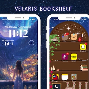 May include: A phone screen mockup with a bookshelf app interface. The app has a dark brown background with a rounded top and a white star in the center. The app has icons for apps like Amazon, Snapchat, Poshmark, and Lemon8. The phone screen also shows the time 11:31.