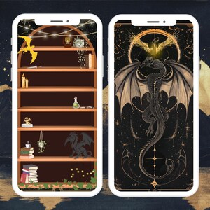 Puede incluir: Dos pantallas de smartphone que muestran fondos de pantalla de tem&aacute;tica fant&aacute;stica. Una muestra una estanter&iacute;a de madera con objetos m&aacute;gicos. La otra presenta un drag&oacute;n negro detallado con alas extendidas sobre un fondo estrellado, con un f&eacute;nix dorado encima.