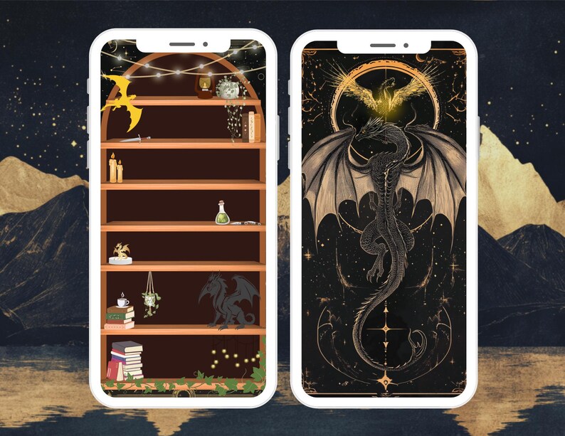 Puede incluir: Dos pantallas de smartphone que muestran fondos de pantalla de tem&aacute;tica fant&aacute;stica. Una muestra una estanter&iacute;a de madera con objetos m&aacute;gicos. La otra presenta un drag&oacute;n negro detallado con alas extendidas sobre un fondo estrellado, con un f&eacute;nix dorado encima.