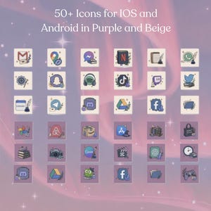 May include: A grid of over 50 app icons designed for iOS and Android, in a purple and beige colour palette. Each icon has decorative elements. The text at the top says "50+ Icons for IOS and Android in Purple and Beige."