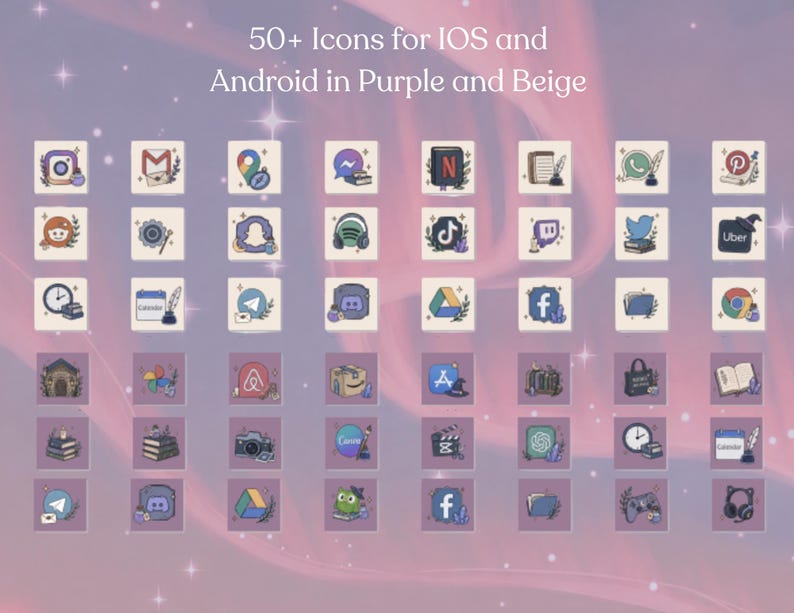 May include: A grid of over 50 app icons designed for iOS and Android, in a purple and beige colour palette. Each icon has decorative elements. The text at the top says "50+ Icons for IOS and Android in Purple and Beige."