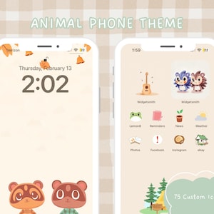 May include: A phone screen mockup with a custom animal phone theme. The home screen shows a clock with the time 2:02 and the date Thursday, February 13. The app icons are stylized with animal characters. The lock screen shows a guitar icon and two animal characters. The text "75 Custom Icons" is displayed on the lock screen.