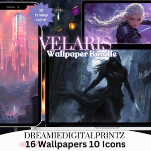 May include: A digital download bundle of 16 fantasy themed wallpapers and 10 icons. The wallpapers feature a variety of scenes, including a city with tall towers, a hooded figure in a dark alley, and a woman with white hair standing in a purple landscape. The icons are in a variety of colours and feature fantasy elements like swords, books, and potions.
