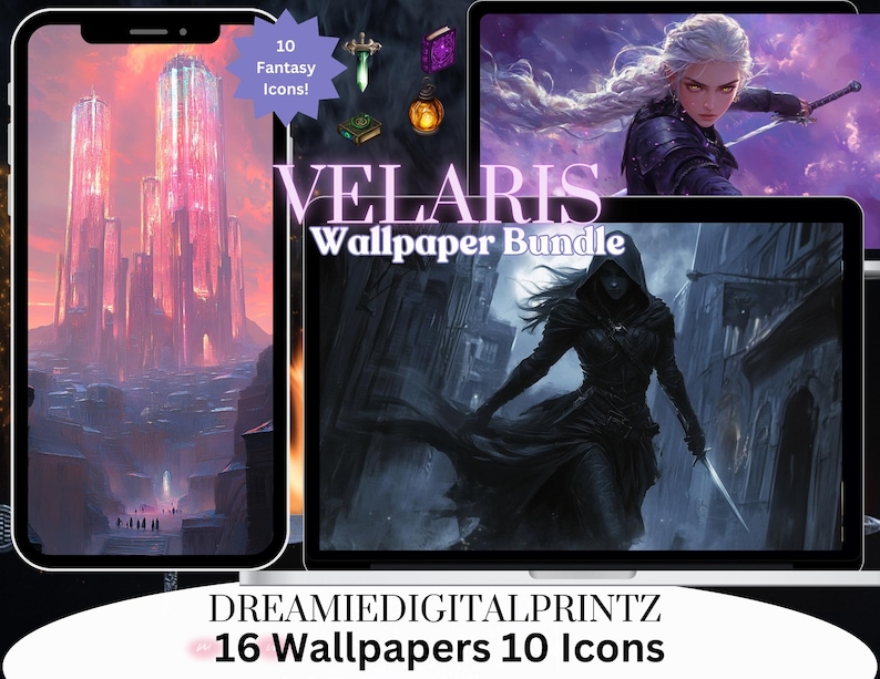 May include: A digital download bundle of 16 fantasy themed wallpapers and 10 icons. The wallpapers feature a variety of scenes, including a city with tall towers, a hooded figure in a dark alley, and a woman with white hair standing in a purple landscape. The icons are in a variety of colors and feature fantasy elements like swords, books, and potions.
