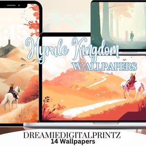Può includere: Sfondi digitali con paesaggi e personaggi fantasy, visualizzati su telefono, tablet e laptop. I design includono una persona a cavallo, una scena di foresta e un sentiero di montagna. Il testo "Hyrule Kingdom Wallpapers" e "DREAMIEDIGITALPRINTZ 14 Wallpapers" sono visibili.