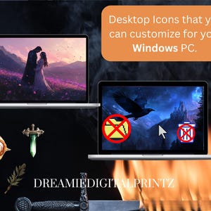 May include: Two laptop computers with different backgrounds. The first laptop has a fantasy landscape with a couple standing in a field of flowers. The second laptop has a dark background with a raven flying over a castle. Both laptops have icons on the screen, including a folder with a red X over it and a trash can with a red X over it. The text on the screen reads "Desktop Icons that you can customize for your Windows PC."