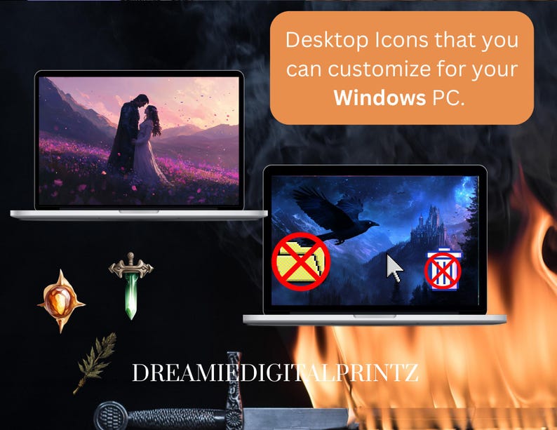 May include: Two laptop computers with different backgrounds. The first laptop has a fantasy landscape with a couple standing in a field of flowers. The second laptop has a dark background with a raven flying over a castle. Both laptops have icons on the screen, including a folder with a red X over it and a trash can with a red X over it. The text on the screen reads "Desktop Icons that you can customize for your Windows PC."