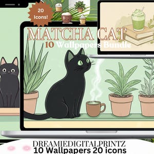 Könnte beinhalten: Digitale Illustration einer schwarzen Katze mit grünen Augen, einer Kaffeetasse und Topfpflanzen. Der Text "Matcha Cat 10 Wallpapers Bundle" wird auf einem Laptop-Bildschirm angezeigt. Ein Smartphone und ein Tablet zeigen ebenfalls das gleiche Thema.