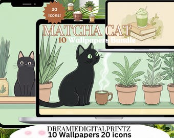 Kawaii Lofi chat noir matcha papier peint chat matcha économiseur d'écran matcha fond plante fond d'écran