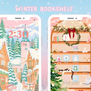 Pink Winter Phone Wallpaper | Cozy Christmas Background | Girly iPhone Wallpaper | Bookshelf Wallpaper Aesthetic | Pink Lockscreen bookish