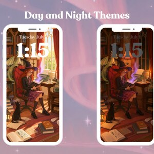 May include: Two phone screens showing a digital illustration with "Day and Night Themes" text. The illustration depicts a person in a witch hat reading a book, with a black cat, books, and a dragon. The time displayed is 1:15.