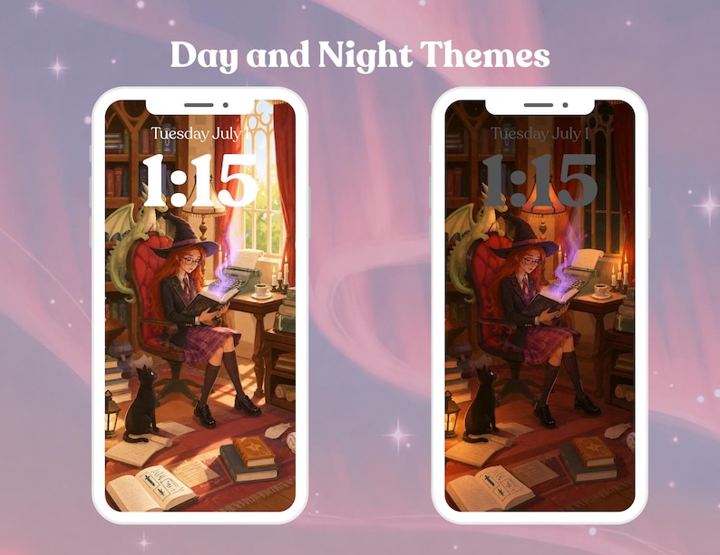 May include: Two phone screens showing a digital illustration with "Day and Night Themes" text. The illustration depicts a person in a witch hat reading a book, with a black cat, books, and a dragon. The time displayed is 1:15.