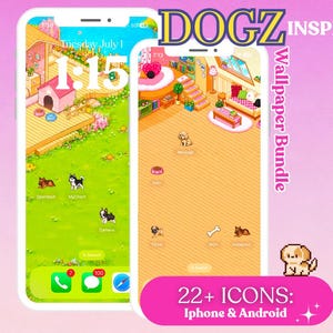 May include: Two smartphones displaying pixel art dog-themed digital wallpapers and app icons. The screens feature colorful illustrations of dogs, dog houses, and interior rooms. Text on the image includes DOGZ INSPIRED Wallpaper Bundle and 22+ ICONS: Iphone & Android.
