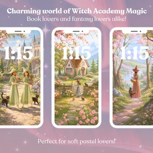 May include: Three phone screens showing fantasy wallpapers with witches, cats, and magical scenes. The text reads "Charming world of Witch Academy Magic" and "Book lovers and fantasy lovers alike!" The time is 1:15. The bottom text says "Perfect for soft pastel lovers!"