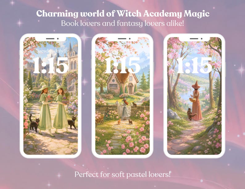 May include: Three phone screens showing fantasy wallpapers with witches, cats, and magical scenes. The text reads "Charming world of Witch Academy Magic" and "Book lovers and fantasy lovers alike!" The time is 1:15. The bottom text says "Perfect for soft pastel lovers!"