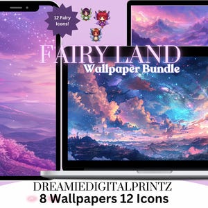 Könnte beinhalten: Ein digitaler Download von 8 Feen-Hintergrundbildern und 12 Feen-Symbolen. Die Hintergrundbilder zeigen einen lila und rosa Himmel mit Wolken und Sternen. Die Symbole sind bunt und fantasievoll.