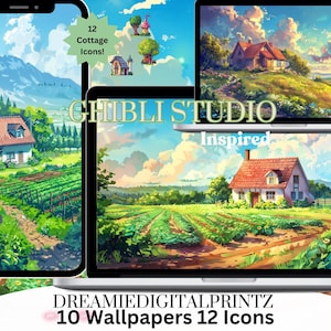 May include: A digital illustration of a cottage in a green field with a blue sky and white clouds. The image is part of a set of 10 wallpapers and 12 icons inspired by Studio Ghibli.