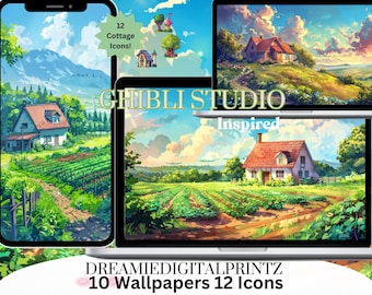 Kawaii Wallpaper Ghibli Studio Inspired Wallpaper and Icon Set Digital Download Cottage Farm Anime Background