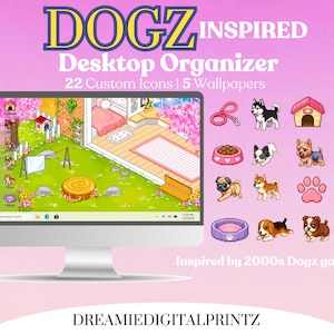 May include: A computer monitor shows a desktop organiser with a pink and green theme, featuring dog-themed icons and wallpapers. The text "DOGZ INSPIRED Desktop Organizer" is at the top, with "22 Custom Icons | 5 Wallpapers" below it.