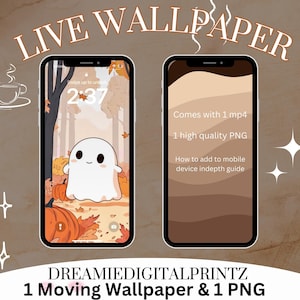 May include: Two smartphones displaying a fall-themed live wallpaper. One shows a cute ghost with pumpkins, the other a gradient of brown tones. Text includes "LIVE WALLPAPER", "DREAMIEDIGITALPRINTZ", and details about the digital product.