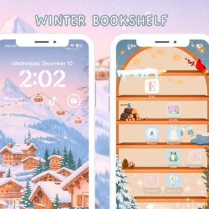 May include: Two smartphone screens displaying a winter-themed design. One shows a snowy mountain scene with cable cars, the other a bookshelf with winter-themed icons. Text at the top reads "WINTER BOOKSHELF".