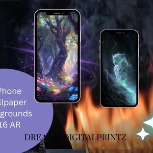 May include: Three phone wallpaper backgrounds in a 9:16 aspect ratio. The first background features a whimsical forest scene with a path leading through the trees. The second background features a white snow leopard with blue and white smoke behind it. The third background is a blurry image of a fire.